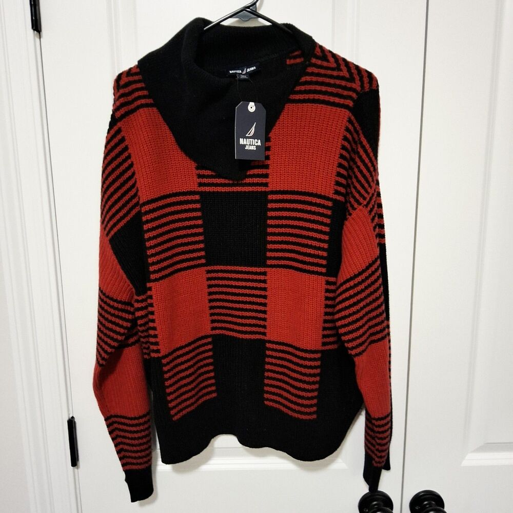 Nautica Women's Buffalo Plaid Striped Sweater Black/Red Size Large New w/ Tags